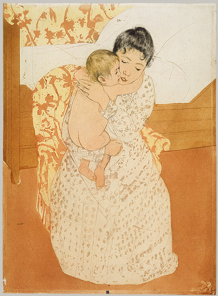Mary Cassatt's Maternal Embrace, which portrays a mother hugging a young infant.