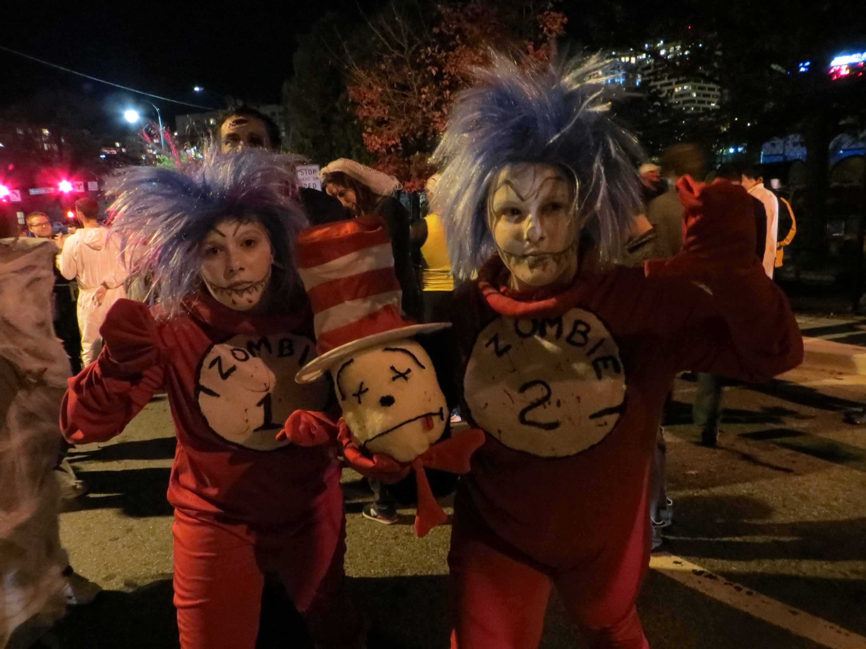People dressed up as zombie versions of Thing 1 and Thing 2 at the Silver Spring Zombie Walk