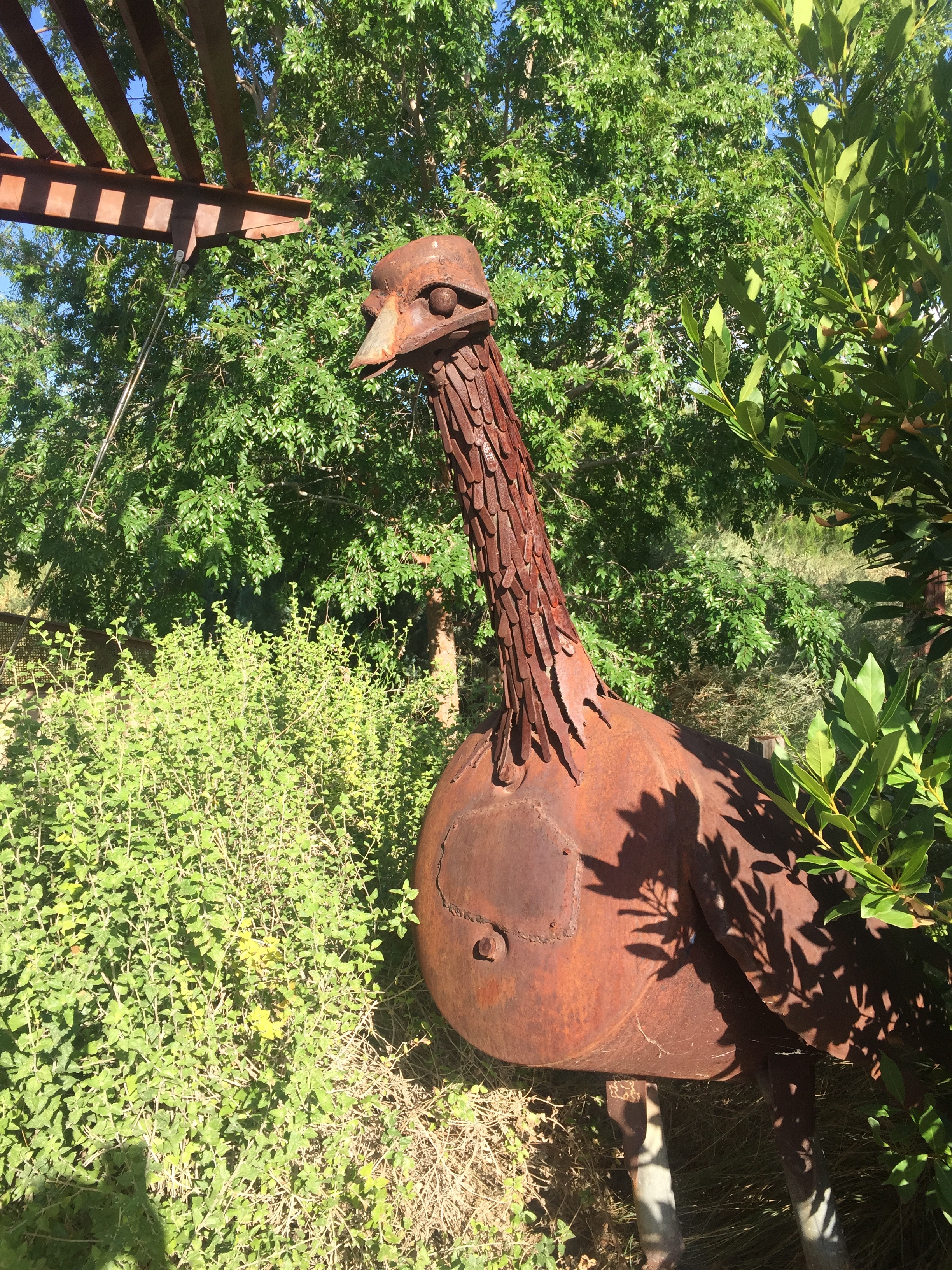 Sculpture of an emu made out of recycled metal at Springs Preserve